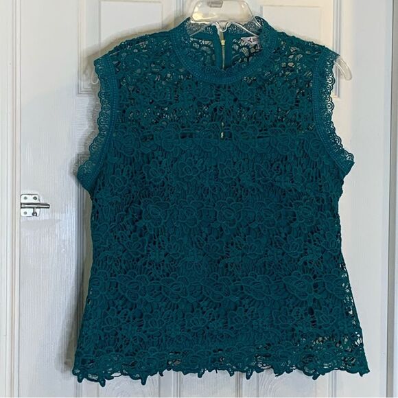 Nanette Lepore Sleeveless Mockneck Embroidered Lace Top Deep Lake Blue Size XL - Picture 4 of 10